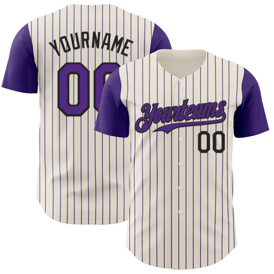 Custom Cream Purple Pinstripe Black Authentic Two Tone Baseball Jersey - Main View