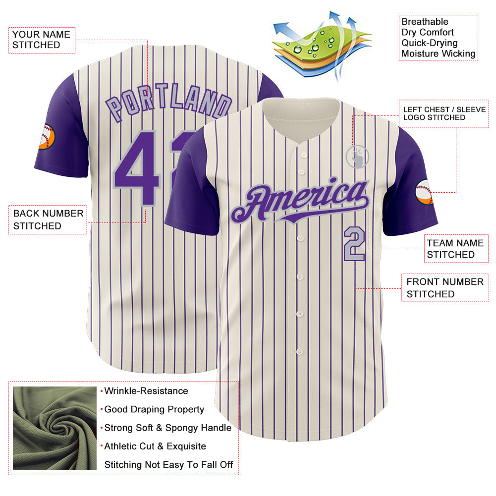 Custom Cream Purple Pinstripe Gray Authentic Two Tone Baseball Jersey view 3