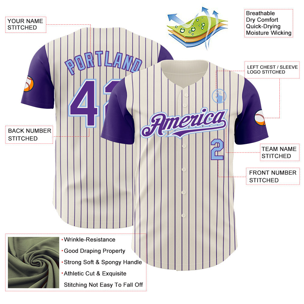 Custom Cream Purple Pinstripe White-Light Blue Authentic Two Tone Baseball Jersey view 3