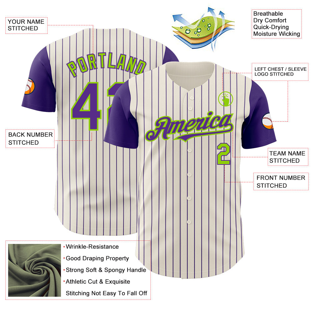 Custom Cream Purple Pinstripe Neon Green Authentic Two Tone Baseball Jersey view 3