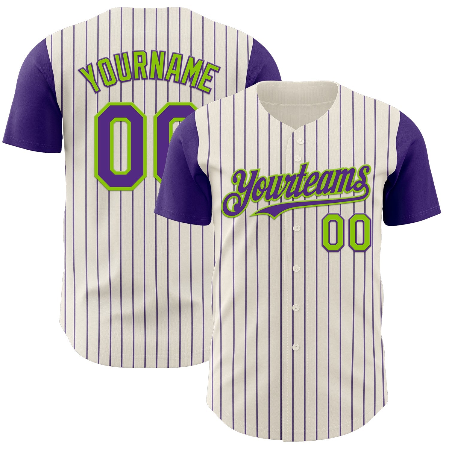 Custom Cream Purple Pinstripe Neon Green Authentic Two Tone Baseball Jersey - Main View