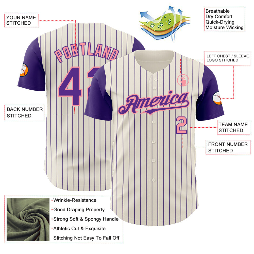 Custom Cream Purple Pinstripe Medium Pink Authentic Two Tone Baseball Jersey view 3
