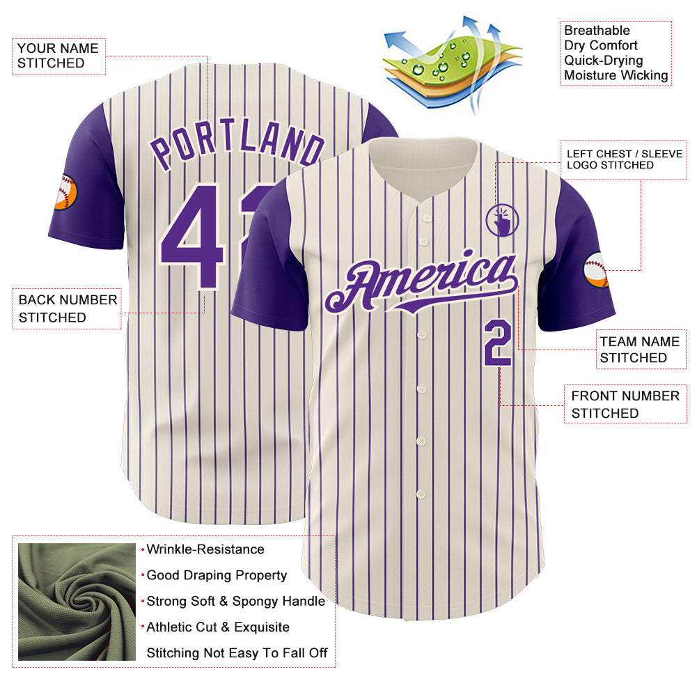 Custom Cream Purple Pinstripe Purple Authentic Two Tone Baseball Jersey view 3