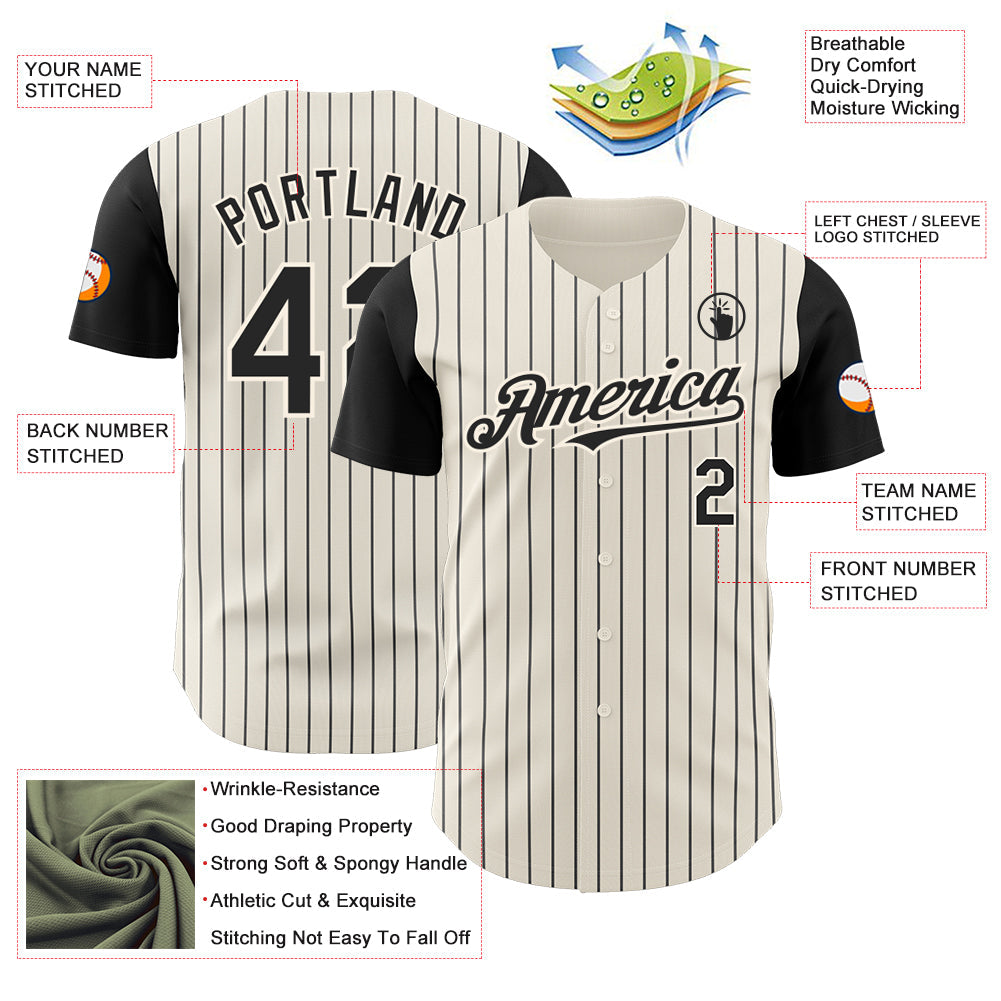 Custom Cream Black Pinstripe Black Authentic Two Tone Baseball Jersey view 3