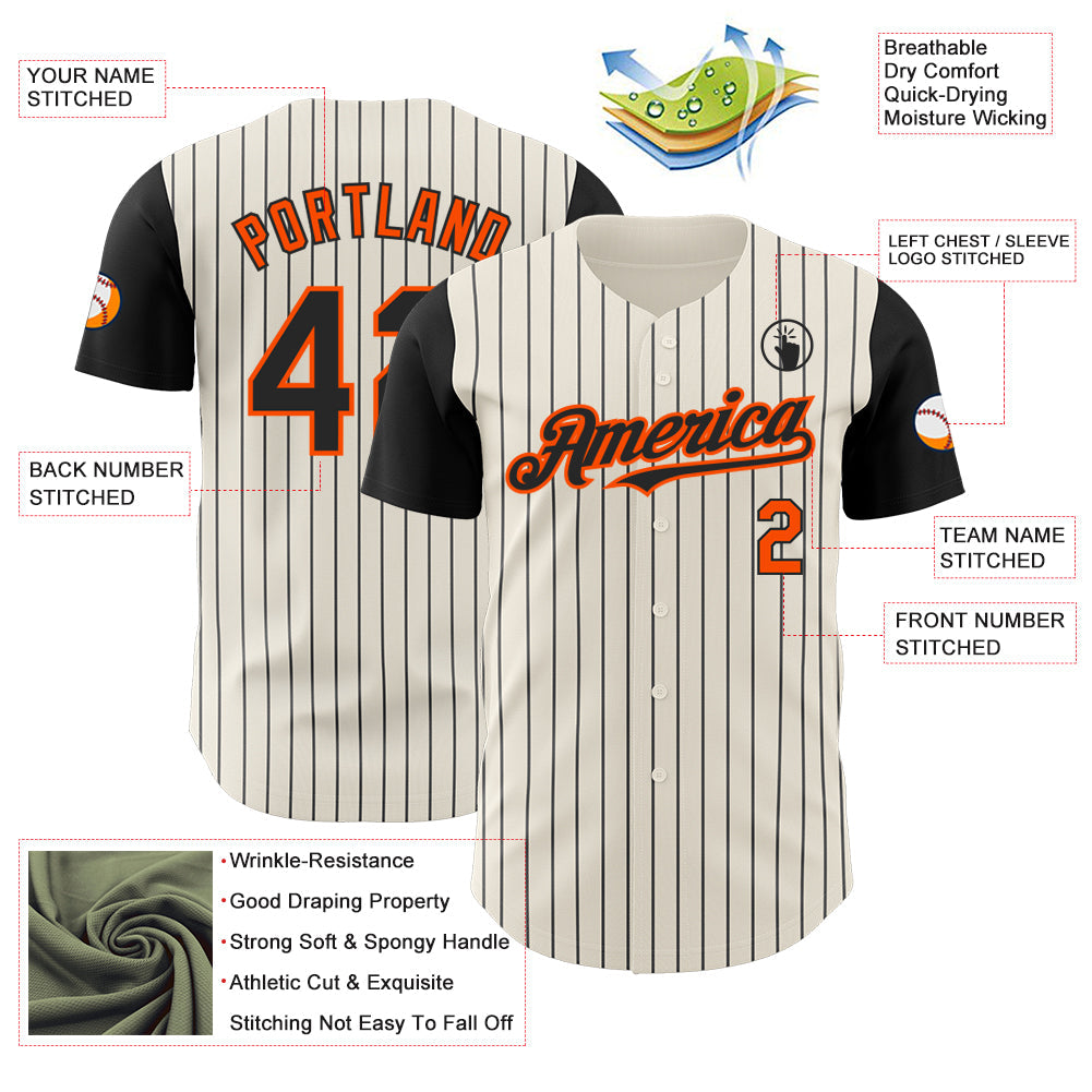Custom Cream Black Pinstripe Orange Authentic Two Tone Baseball Jersey view 3