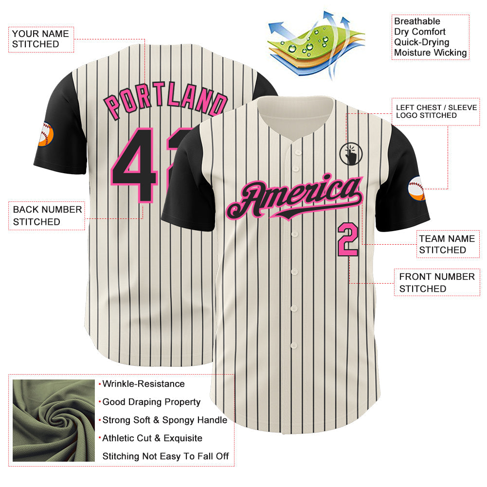 Custom Cream Black Pinstripe Pink Authentic Two Tone Baseball Jersey view 3