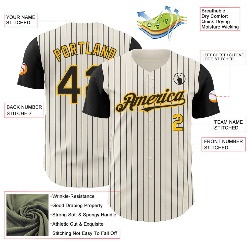 Custom Cream Black Pinstripe Gold Authentic Two Tone Baseball Jersey view 3