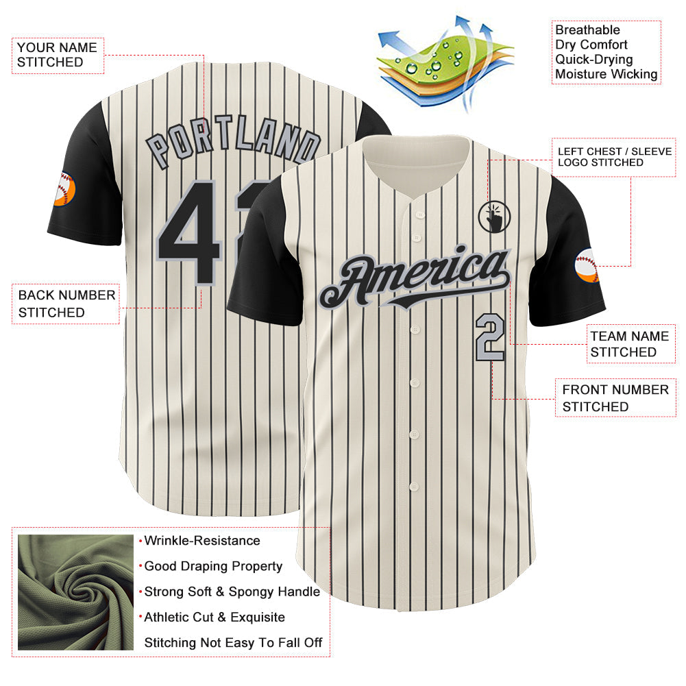 Custom Cream Black Pinstripe Gray Authentic Two Tone Baseball Jersey view 3