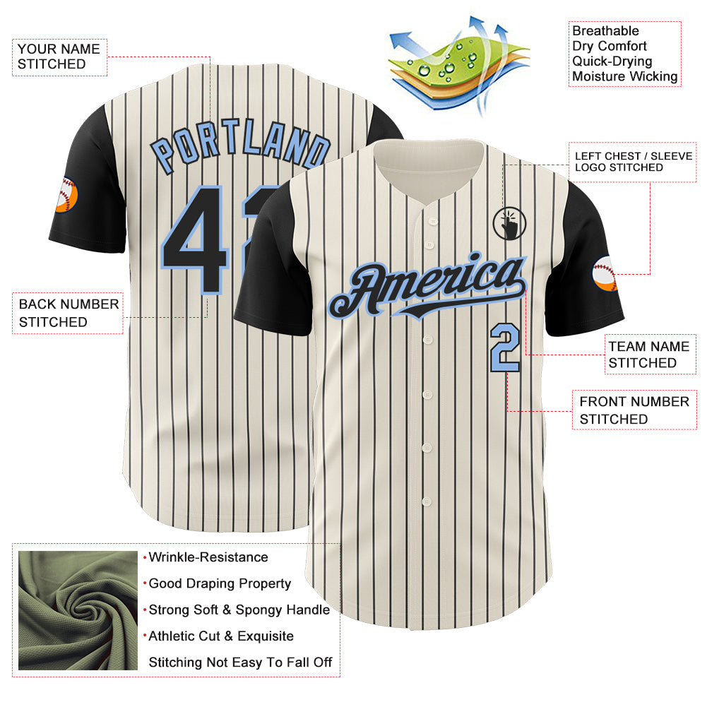 Custom Cream Black Pinstripe Light Blue Authentic Two Tone Baseball Jersey view 3
