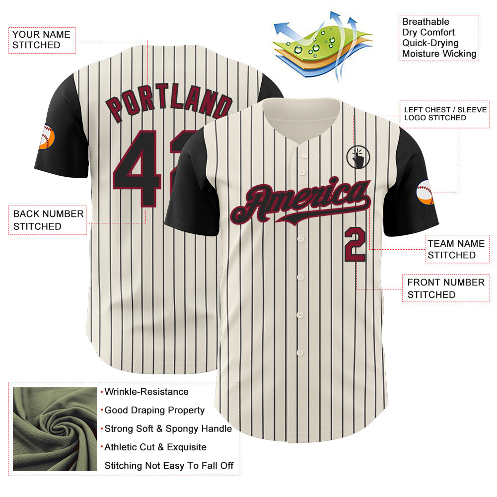 Custom Cream Black Pinstripe Crimson Authentic Two Tone Baseball Jersey view 3
