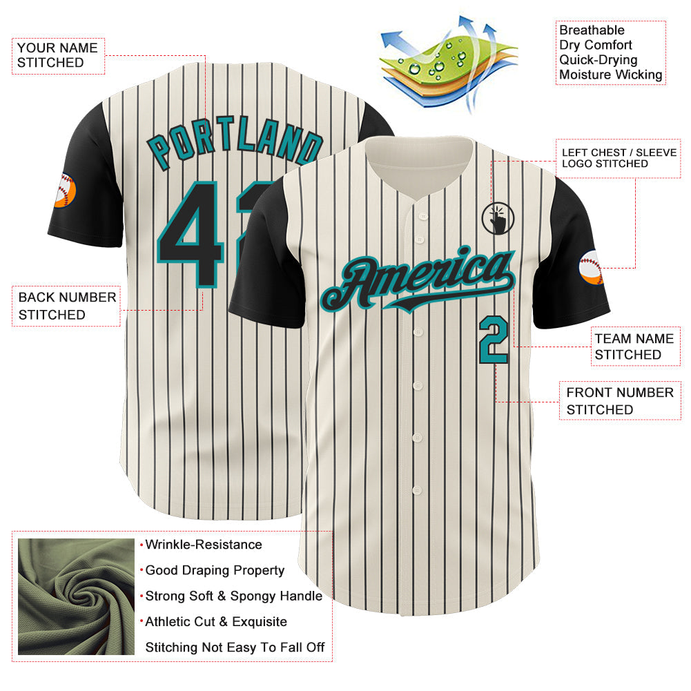 Custom Cream Black Pinstripe Teal Authentic Two Tone Baseball Jersey view 3