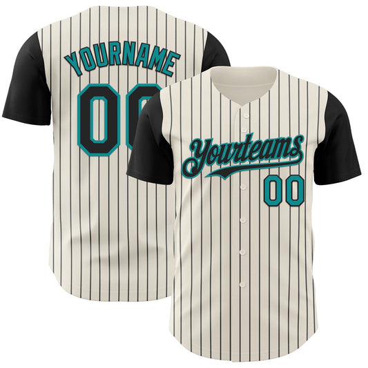 Custom Cream Black Pinstripe Teal Authentic Two Tone Baseball Jersey - Main View