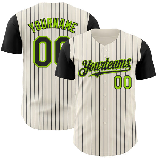 Custom Cream Black Pinstripe Neon Green Authentic Two Tone Baseball Jersey - Main View