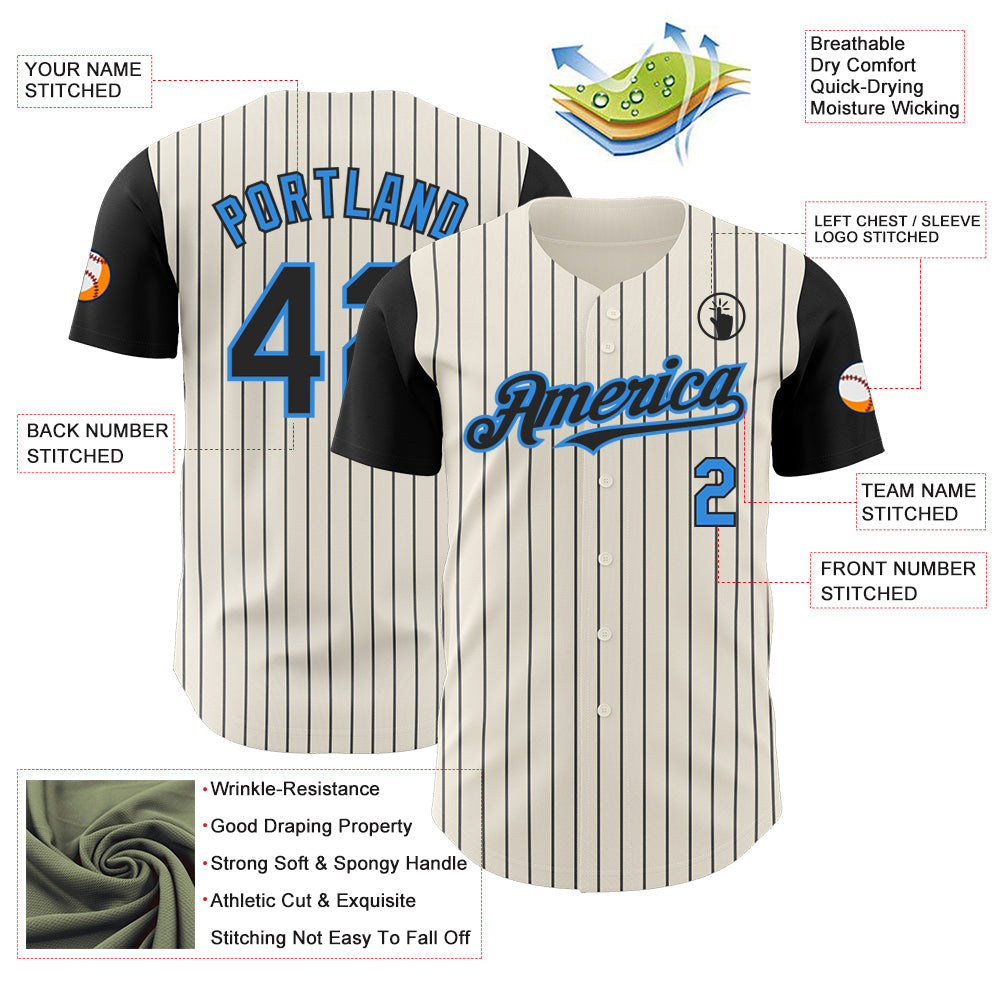 Custom Cream Black Pinstripe Electric Blue Authentic Two Tone Baseball Jersey view 3