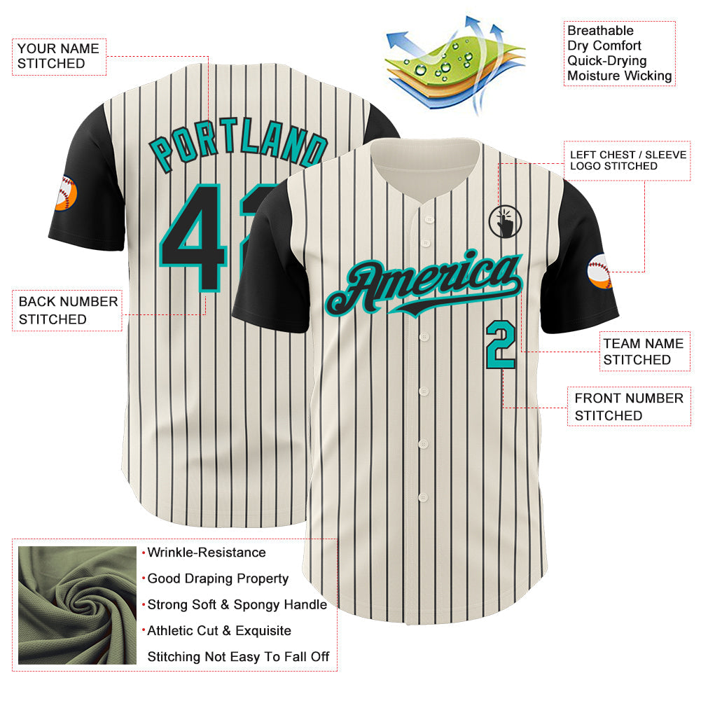 Custom Cream Black Pinstripe Aqua Authentic Two Tone Baseball Jersey view 3