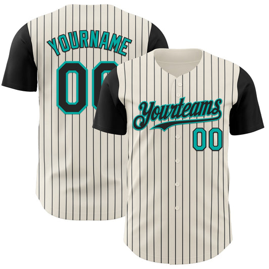 Custom Cream Black Pinstripe Aqua Authentic Two Tone Baseball Jersey - Main View