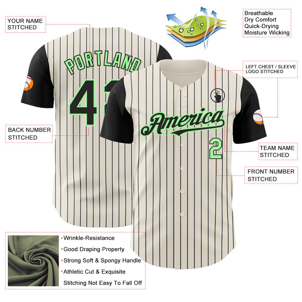 Custom Cream Black Pinstripe Pea Green Authentic Two Tone Baseball Jersey view 3