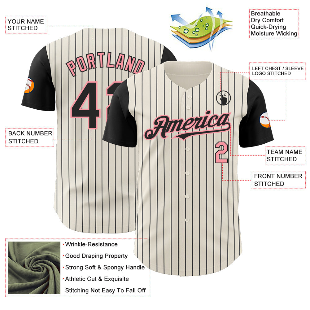 Custom Cream Black Pinstripe Medium Pink Authentic Two Tone Baseball Jersey view 3