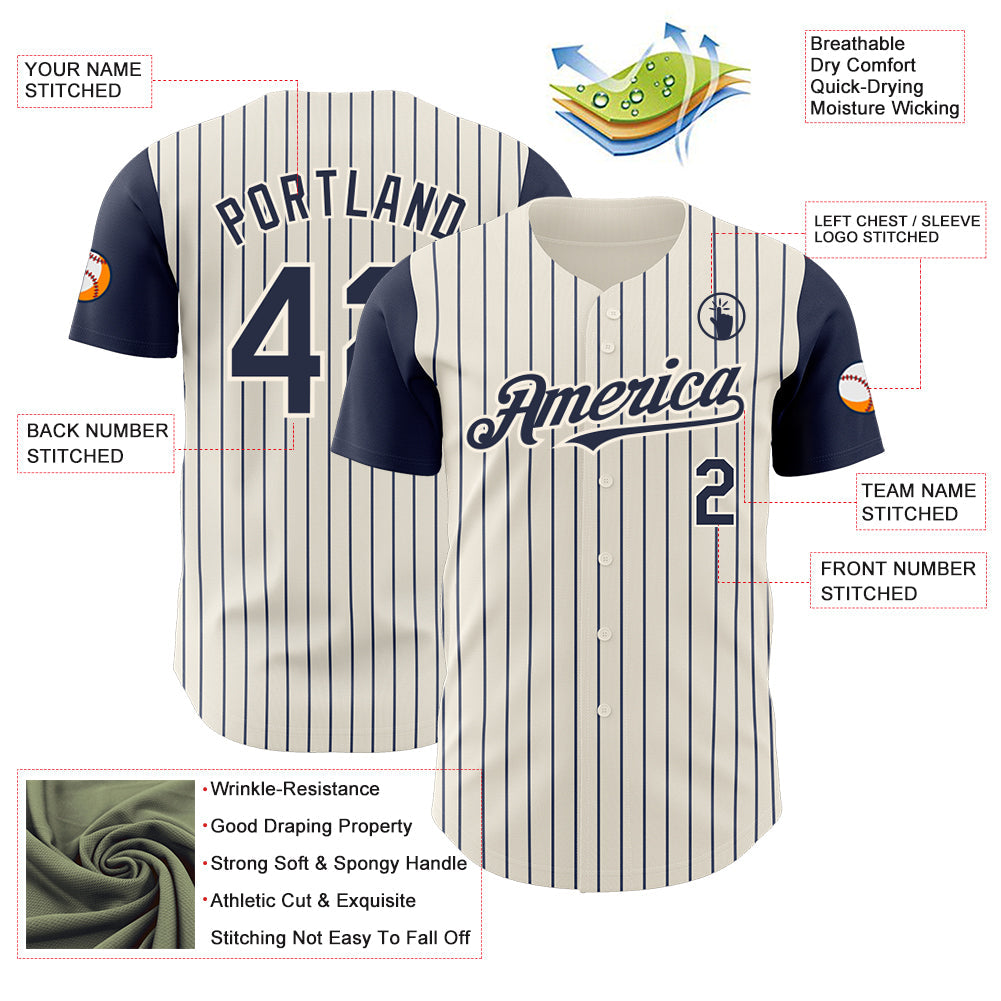 Custom Cream Navy Pinstripe Navy Authentic Two Tone Baseball Jersey view 3