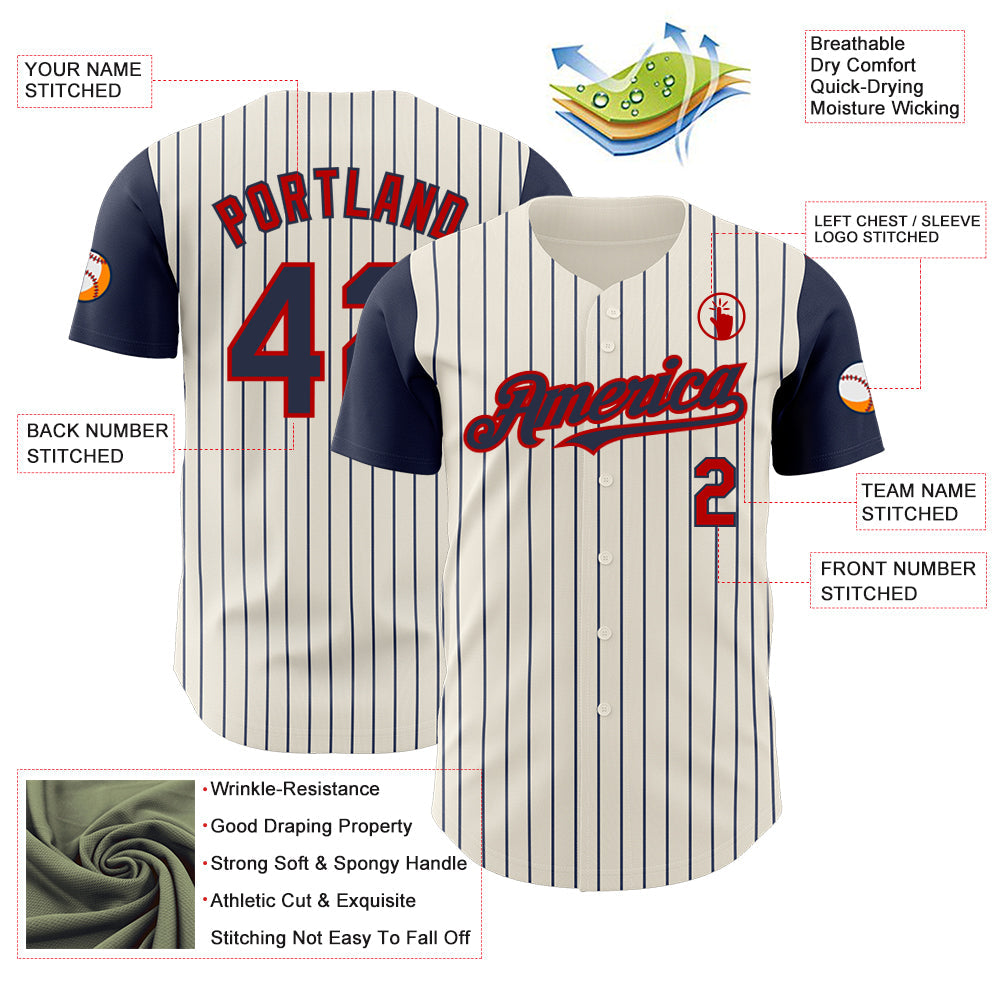 Custom Cream Navy Pinstripe Red Authentic Two Tone Baseball Jersey view 3