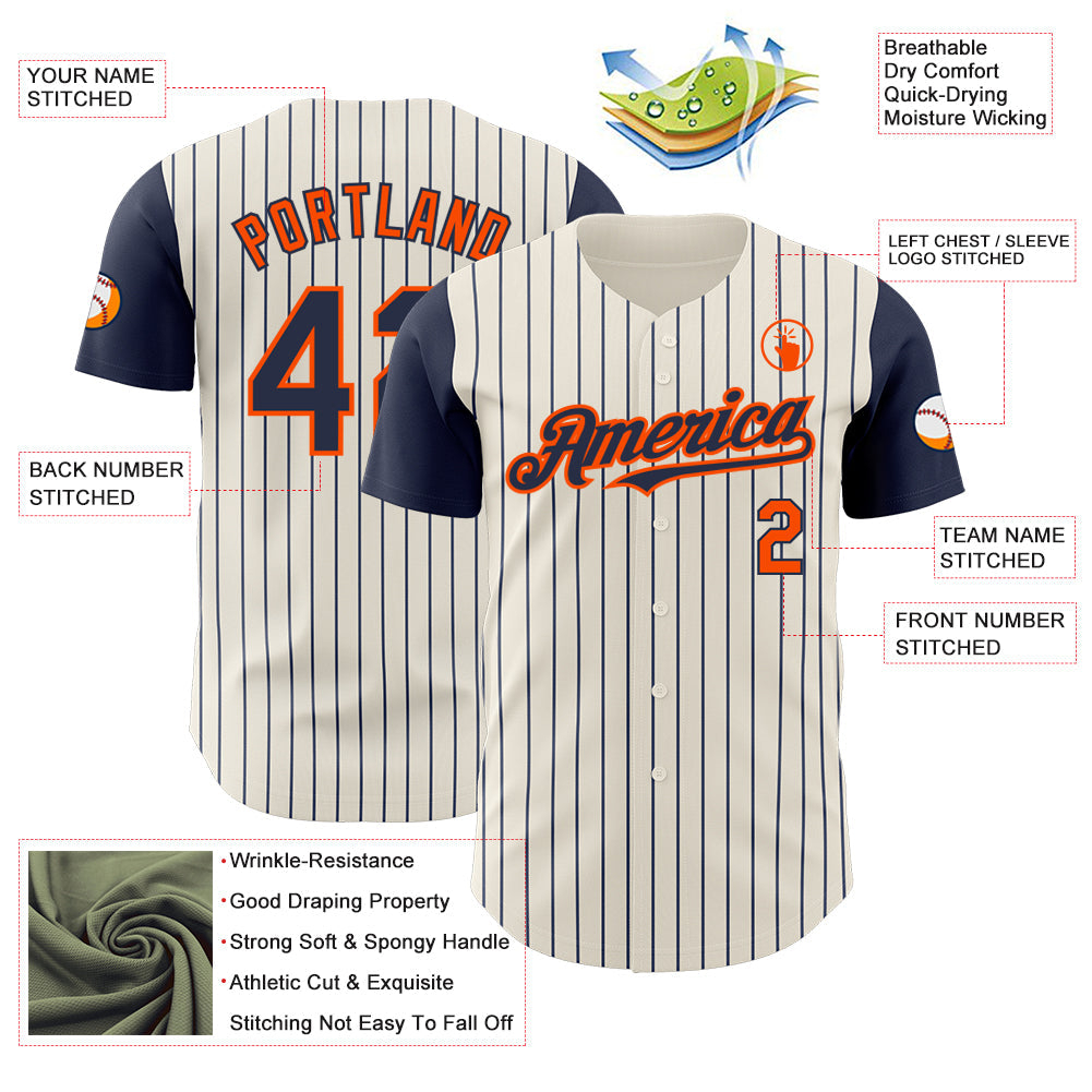 Custom Cream Navy Pinstripe Orange Authentic Two Tone Baseball Jersey view 3
