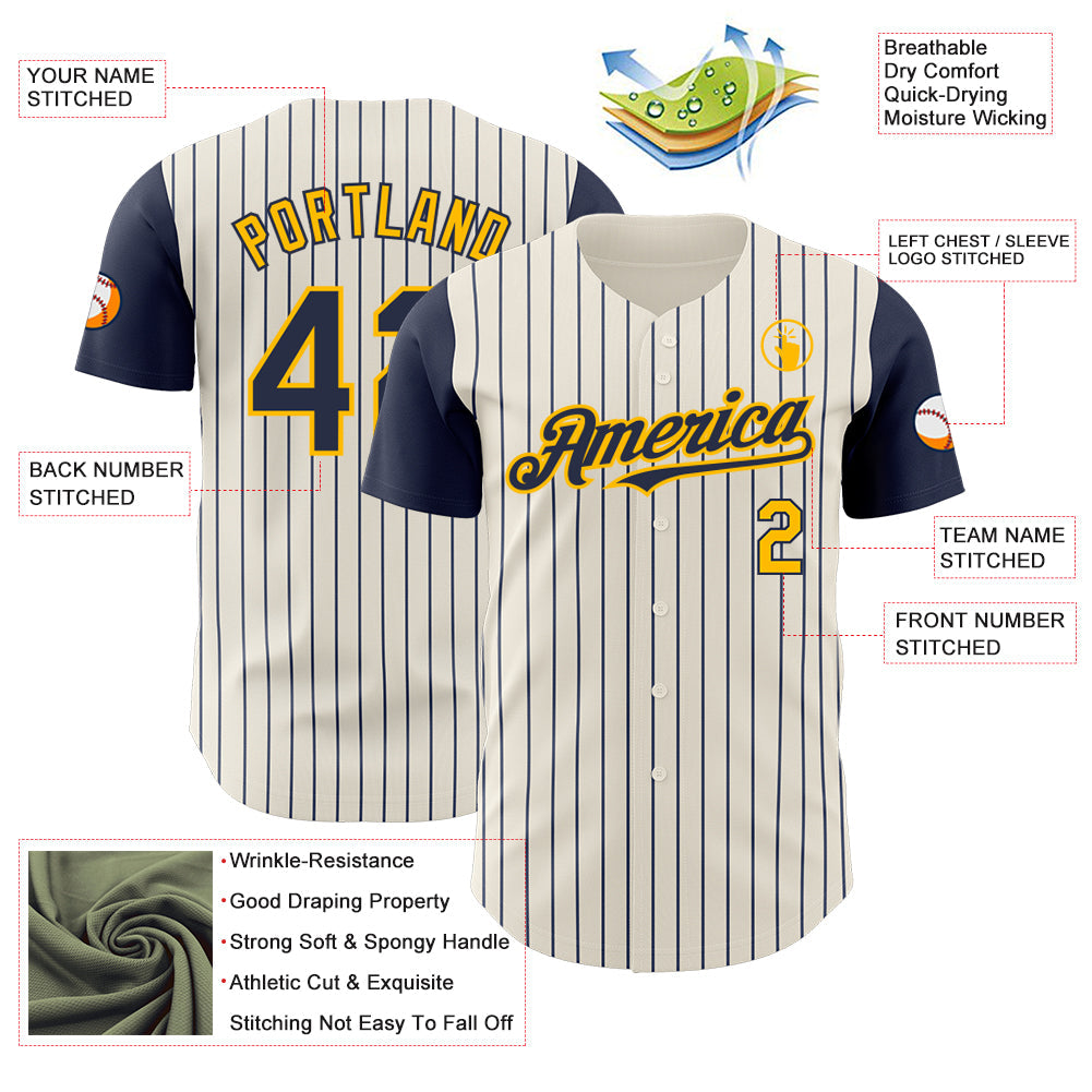 Custom Cream Navy Pinstripe Gold Authentic Two Tone Baseball Jersey view 3