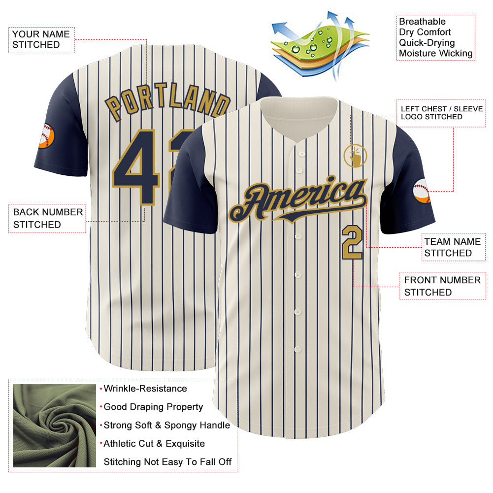 Custom Cream Navy Pinstripe Old Gold Authentic Two Tone Baseball Jersey view 3
