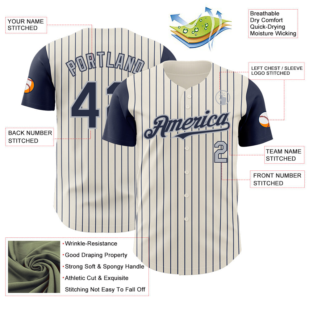 Custom Cream Navy Pinstripe Gray Authentic Two Tone Baseball Jersey view 3