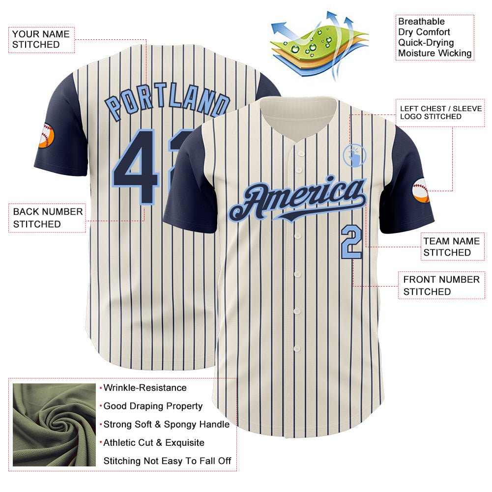 Custom Cream Navy Pinstripe Light Blue Authentic Two Tone Baseball Jersey view 3