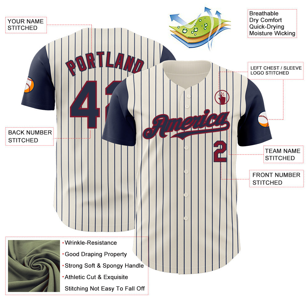 Custom Cream Navy Pinstripe Crimson Authentic Two Tone Baseball Jersey view 3