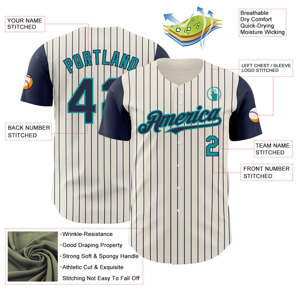 Custom Cream Navy Pinstripe Teal Authentic Two Tone Baseball Jersey view 3