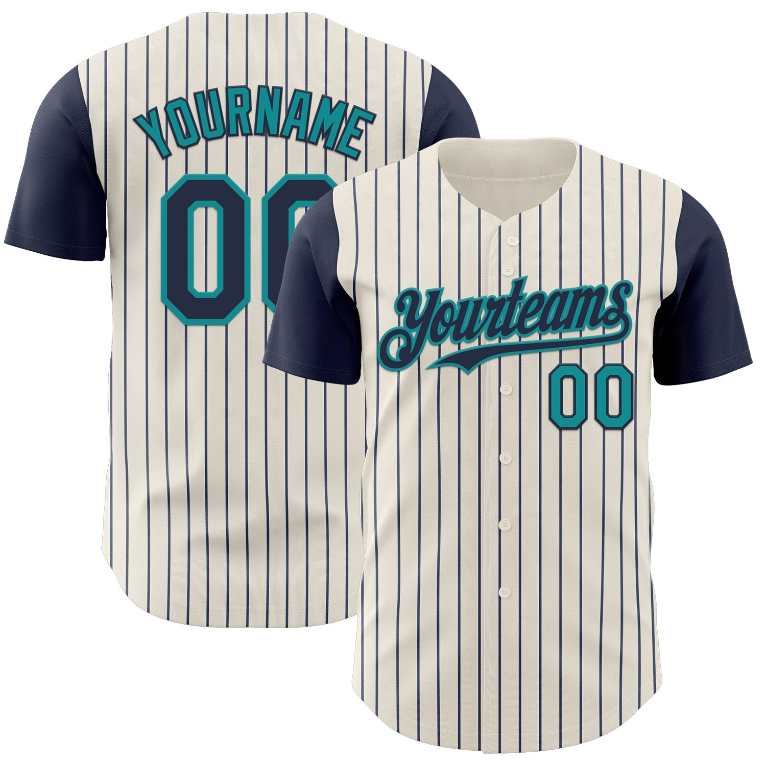 Custom Cream Navy Pinstripe Teal Authentic Two Tone Baseball Jersey - Main View