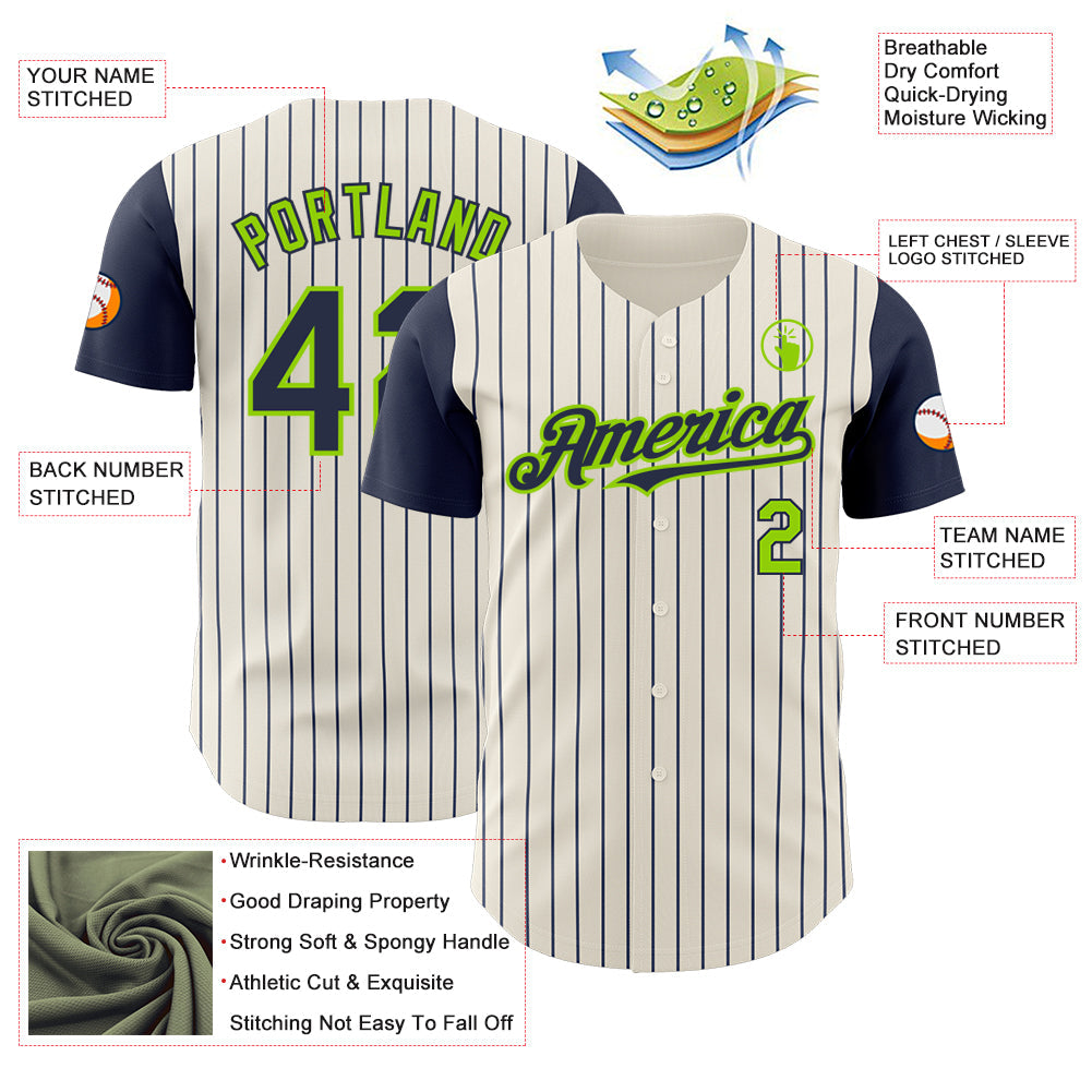 Custom Cream Navy Pinstripe Neon Green Authentic Two Tone Baseball Jersey view 3