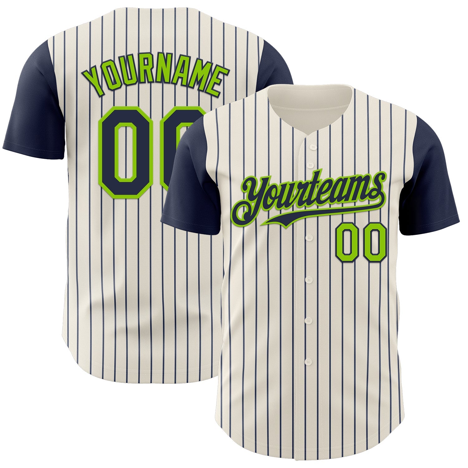 Custom Cream Navy Pinstripe Neon Green Authentic Two Tone Baseball Jersey - Main View