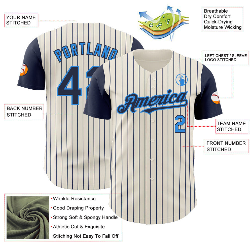 Custom Cream Navy Pinstripe Electric Blue Authentic Two Tone Baseball Jersey view 3