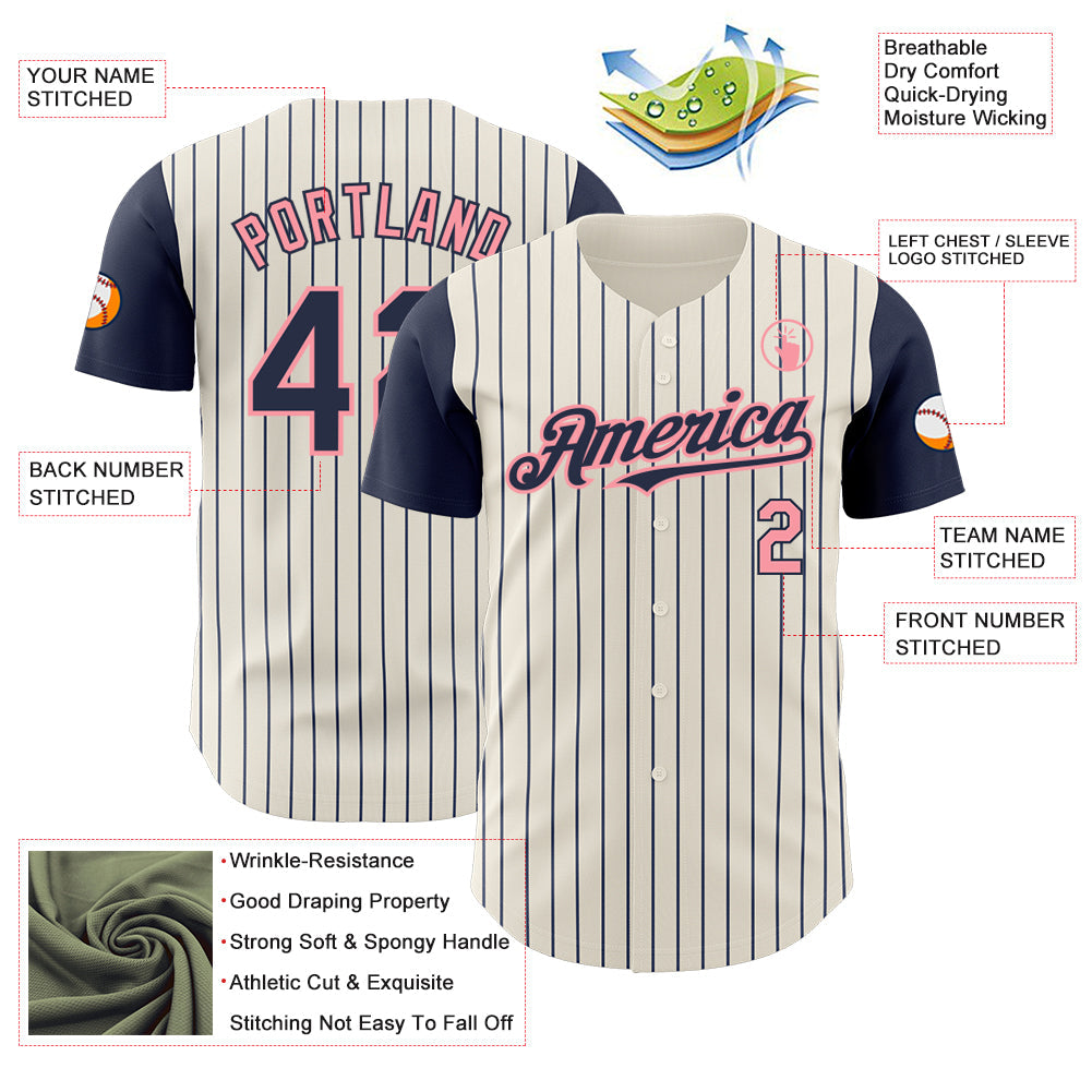 Custom Cream Navy Pinstripe Medium Pink Authentic Two Tone Baseball Jersey view 3