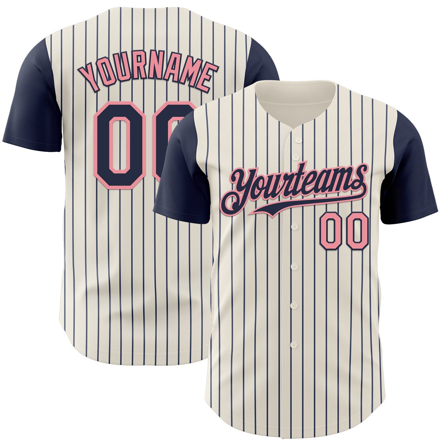 Custom Cream Navy Pinstripe Medium Pink Authentic Two Tone Baseball Jersey - Main View