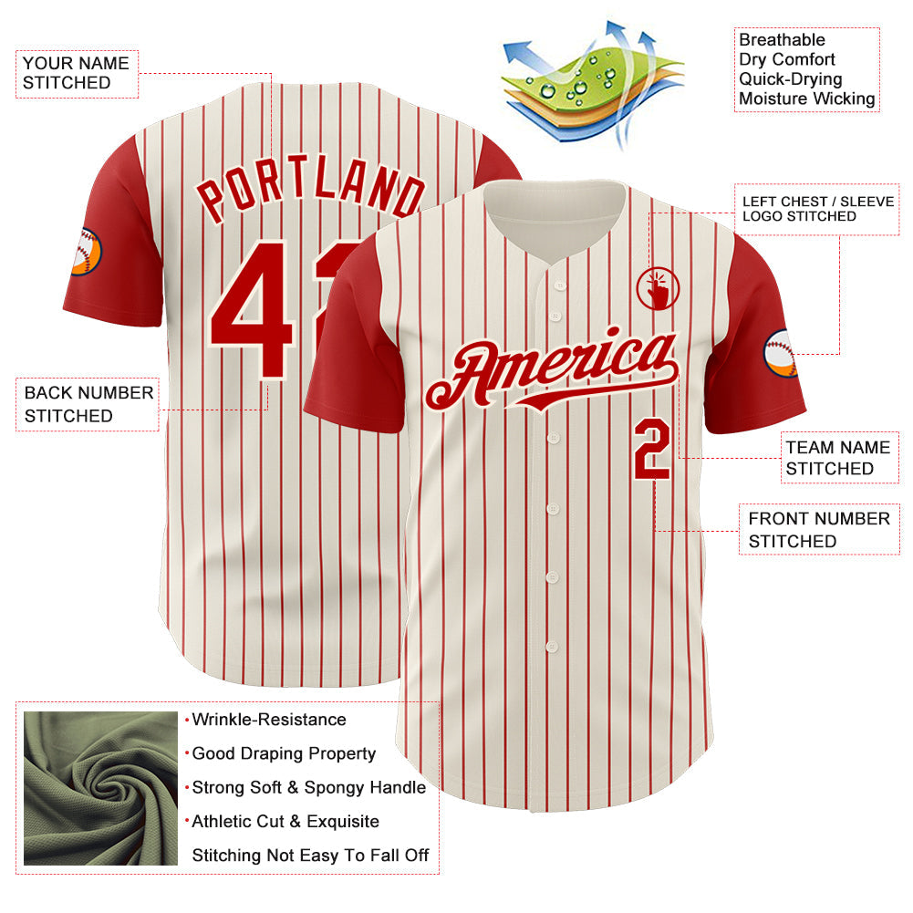 Custom Cream Red Pinstripe Red Authentic Two Tone Baseball Jersey view 3