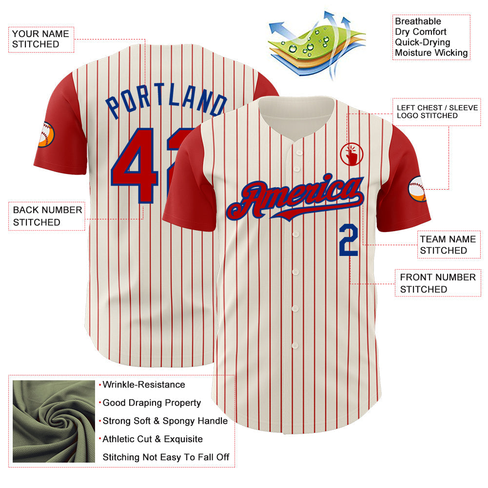 Custom Cream Red Pinstripe Royal Authentic Two Tone Baseball Jersey view 3