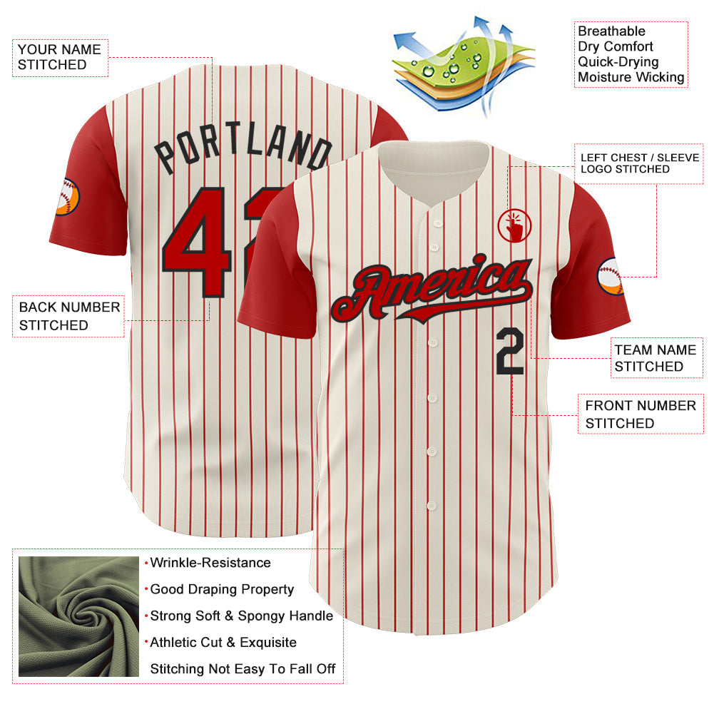 Custom Cream Red Pinstripe Black Authentic Two Tone Baseball Jersey view 3