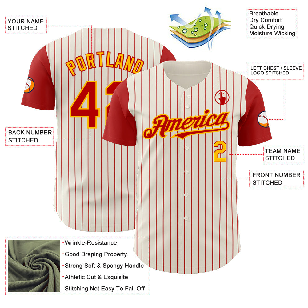 Custom Cream Red Pinstripe Gold Authentic Two Tone Baseball Jersey view 3