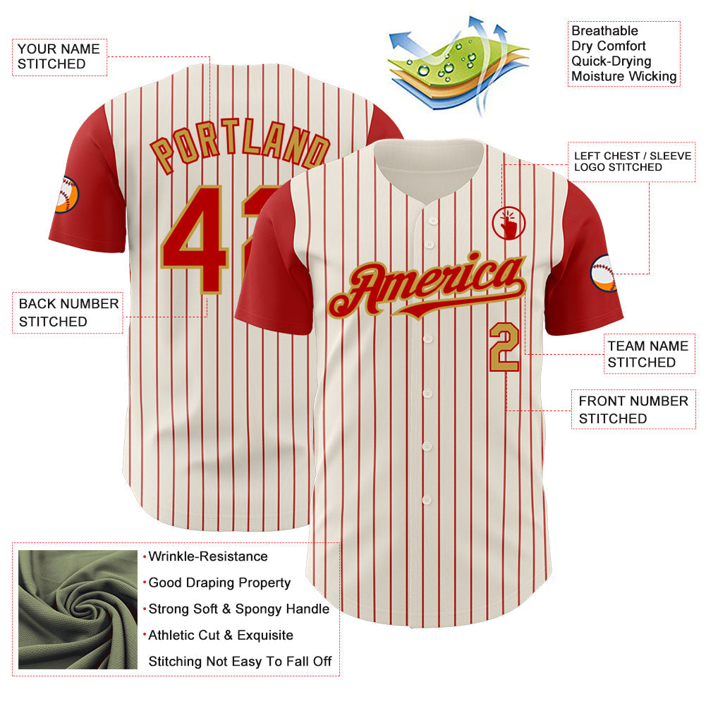 Custom Cream Red Pinstripe Old Gold Authentic Two Tone Baseball Jersey view 3