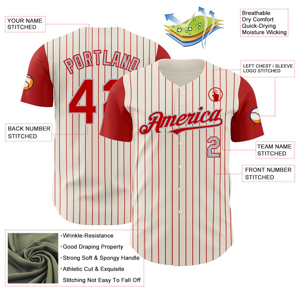 Custom Cream Red Pinstripe Gray Authentic Two Tone Baseball Jersey view 3