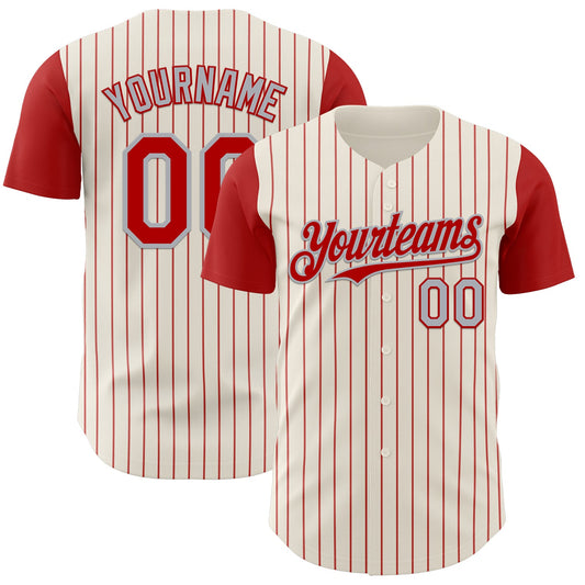 Custom Cream Red Pinstripe Gray Authentic Two Tone Baseball Jersey - Main View