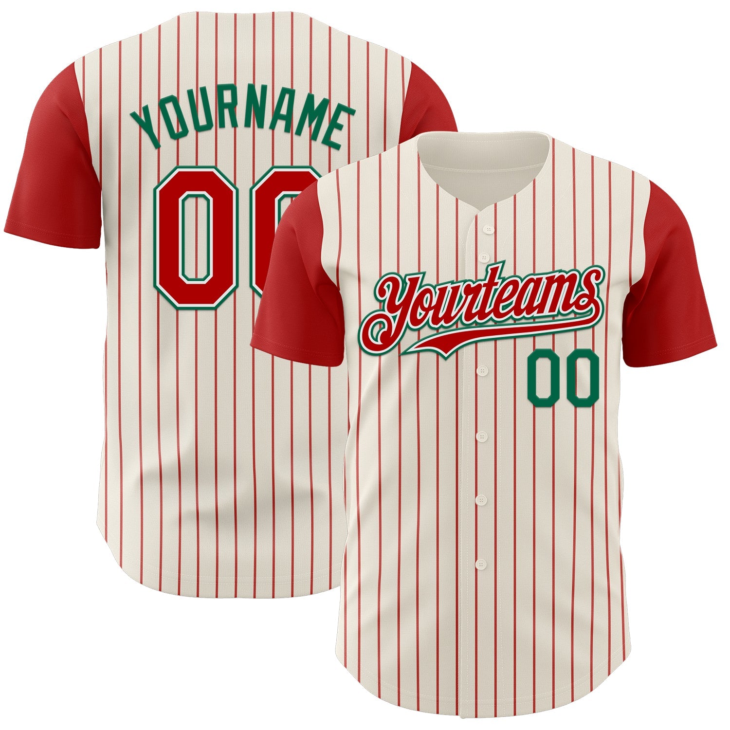Custom Cream Red Pinstripe White-Kelly Green Authentic Two Tone Baseball Jersey - Main View