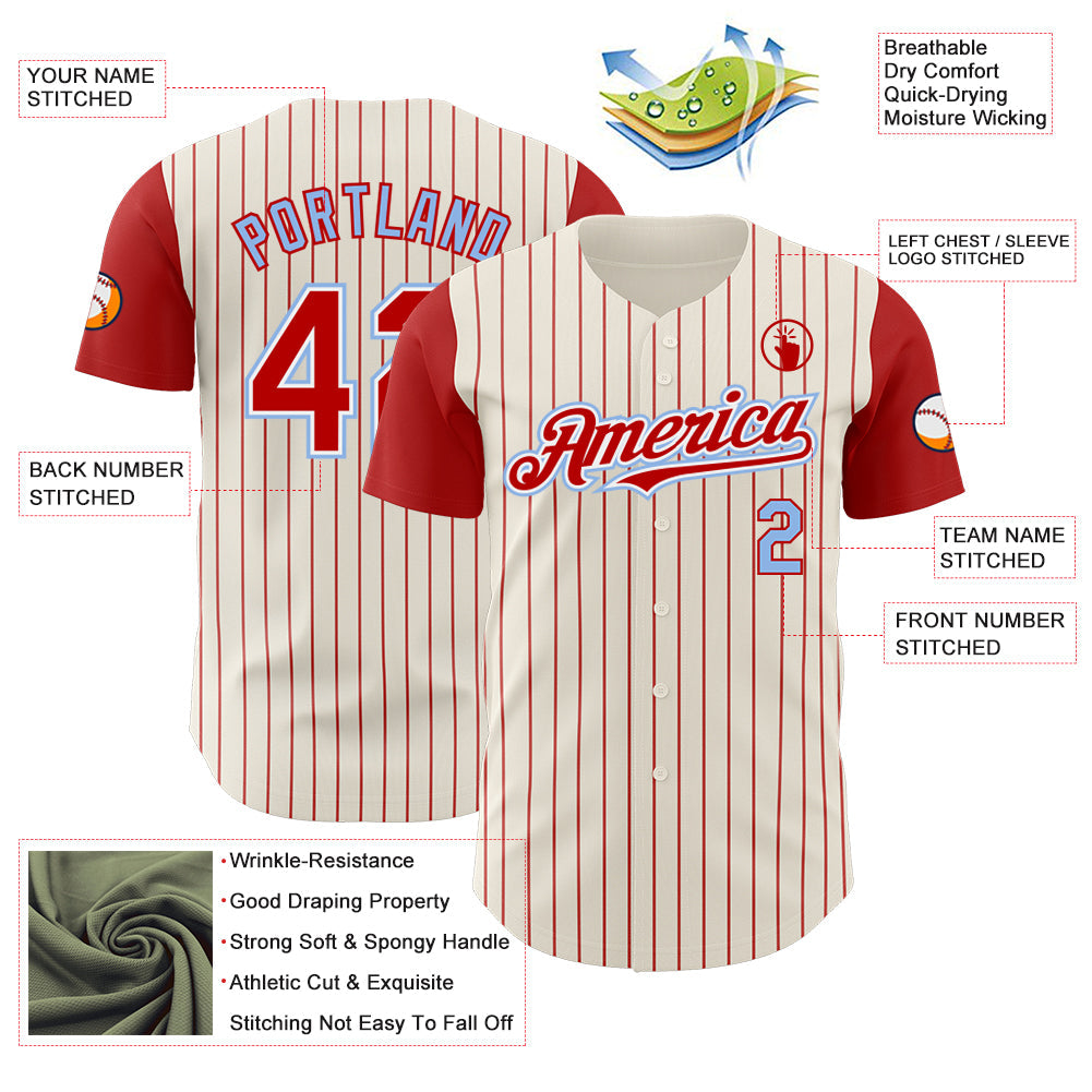 Custom Cream Red Pinstripe White-Light Blue Authentic Two Tone Baseball Jersey view 3
