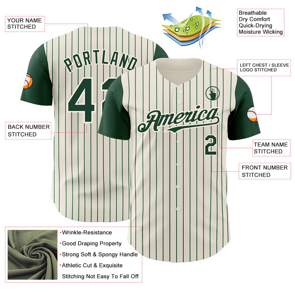 Custom Cream Green Pinstripe Green Authentic Two Tone Baseball Jersey view 3