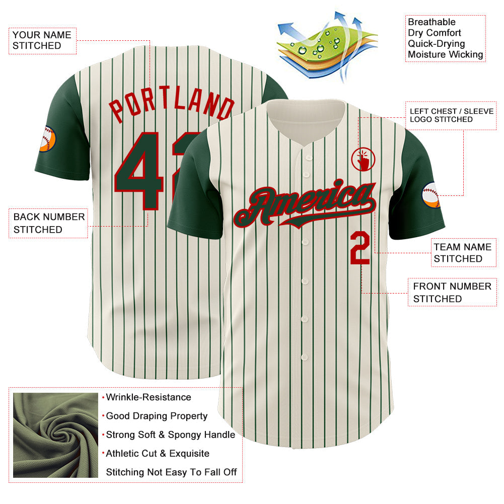 Custom Cream Green Pinstripe Red Authentic Two Tone Baseball Jersey view 3