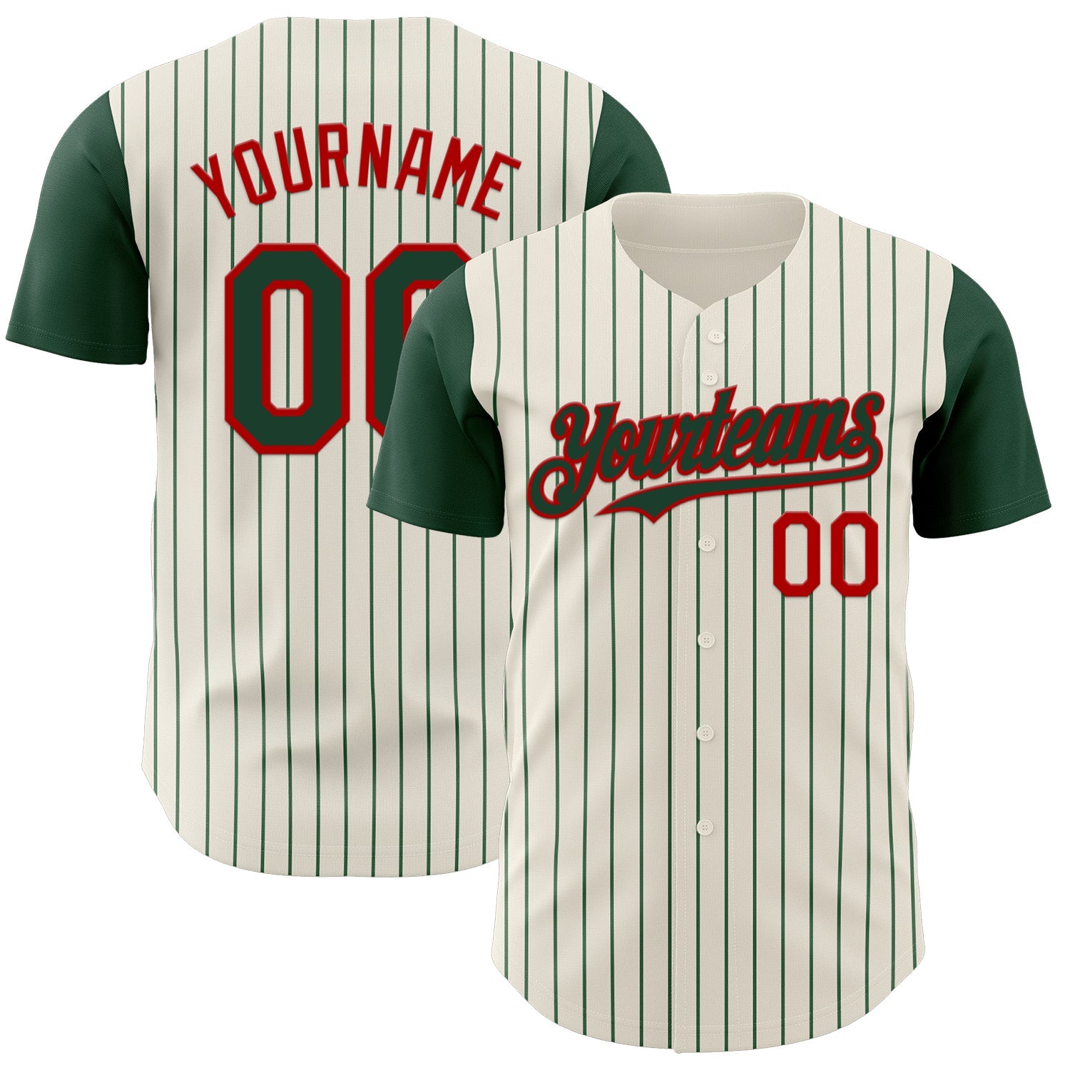 Custom Cream Green Pinstripe Red Authentic Two Tone Baseball Jersey - Main View