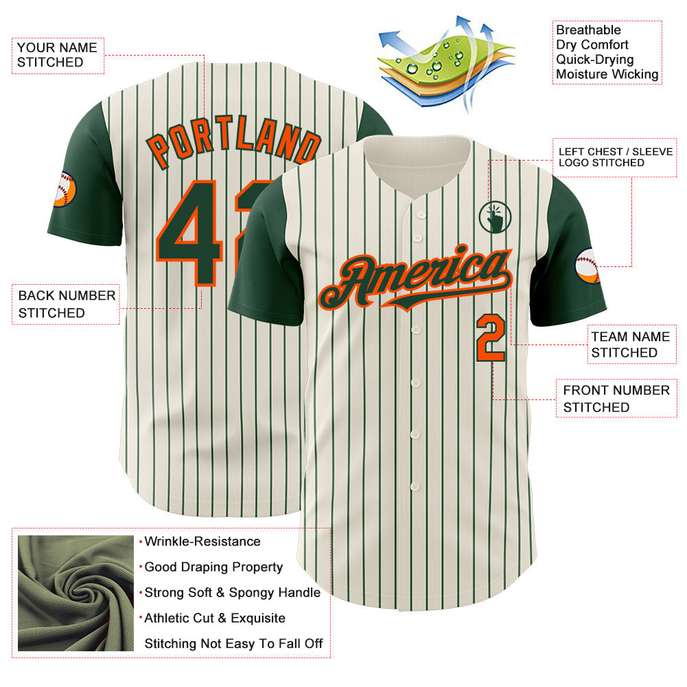 Custom Cream Green Pinstripe Orange Authentic Two Tone Baseball Jersey view 3